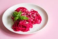 Beetroot Pasta, Barbie Themed Pasta. Pink noodles on pink background