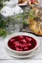 Beetroot red borsch with polish dumplings uszka Royalty Free Stock Photo