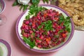 Fresh homemade Beetroot salad Vinaigrette in a white bowl. Vegetable salad with beets on table ready for eat . beetroot salad with Royalty Free Stock Photo