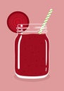 Beetroot smoothie in mason jar with slice of beetroot and swirled straw. Vector hand drawn illustration.