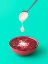 Beetroot soup bowl with sour cream, minimalist on a green background Royalty Free Stock Photo