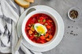 Beetroot soup with vegetables, boiled egg, sour cream and green onions on top in a bowl on a dark concrete background. Horizontal Royalty Free Stock Photo