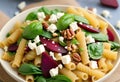 Beetroot, Spinach, and Feta Pasta Delight with a Crunch of Walnuts Royalty Free Stock Photo