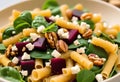 Beetroot, Spinach, and Feta Pasta Delight with a Crunch of Walnuts Royalty Free Stock Photo