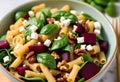 Beetroot, Spinach, and Feta Pasta Delight with a Crunch of Walnuts Royalty Free Stock Photo