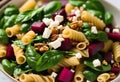 Beetroot, Spinach, and Feta Pasta Delight with a Crunch of Walnuts Royalty Free Stock Photo