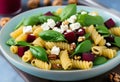 Beetroot, Spinach, and Feta Pasta Delight with a Crunch of Walnuts Royalty Free Stock Photo