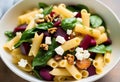 Beetroot, Spinach, and Feta Pasta Delight with a Crunch of Walnuts Royalty Free Stock Photo