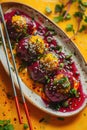 Beetroot sushi-style rolls on a plate with chopsticks Royalty Free Stock Photo