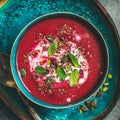 Beetroot vegetarian soup with mint, chia, flax and pumpkin seeds Royalty Free Stock Photo