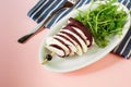 Beetroot and white cheese on skewer, rucola leaf.