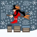 Befana witch over the city during a blizzard