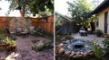 A beforeandafter comparison of a backyard patio showing a plain outdoor space transformed into a cozy and ecofriendly Royalty Free Stock Photo