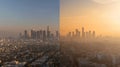 A beforeandafter comparison of a city skyline with the first image showing smog and pollution and the second image
