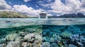 A beforeandafter comparison of a coral reef with the before image showing a bleached and lifeless reef and the after Royalty Free Stock Photo