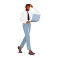 Befuddled Businessman Character Clutching Laptop, Wears Furrowed Brow, Portraying The Chaos Of Modern Corporate Life
