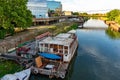 The Begej River passes through the town of Zrenjanin. Raft restaurant on the river.