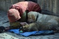 Beggar begging with dogs