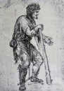 Beggar or convict by Leonardo da Vinci engraved in a vintage book Leonard de Vinci, author Eugene Muntz, 1899, Paris