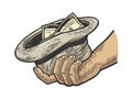 beggar hand with hat and money sketch vector