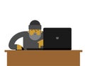 Beggar laptop working. pauper and notebook. Homeless vector illustration