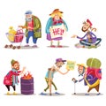 Beggars, homeless, tramps, hobo, funny cartoon set