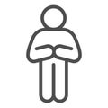 Begging or apologizing man pose line icon. Front pose of man with folded arms outline style pictogram on white Royalty Free Stock Photo