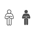 Begging or apologizing man pose line and solid icon. Front pose of man with folded arms outline style pictogram on white Royalty Free Stock Photo