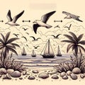 Begin by sketching out the basic composition of your scene. This includes the palm trees, the beach, and the ocean. You can use a
