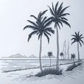 Begin by sketching out the basic composition of your scene. This includes the palm trees, the beach, and the ocean. You can use a