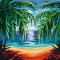 Begin by sketching out the basic composition of your scene. This includes the palm trees, the beach, and the ocean. You can use a