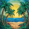 Begin by sketching out the basic composition of your scene. This includes the palm trees, the beach, and the ocean. You can use a