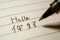 Beginner Chinese language learner writing Hello word Nihao in Chinese characters on a notebook Royalty Free Stock Photo