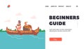 Beginners Guide Landing Page Template. Children Wear Native Indian American Costumes Swim on Canoe, Kids Rowing Boat Royalty Free Stock Photo