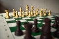 The beginning of a chess game, perspective from the brown pawns. Chessboard from the start