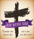 Beginning of Lent with Ash Wednesday Cross with Ribbon, Vector Illustration