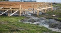 The beginning of a new construction build in a neighborhood with the foundation poured, dirt added and the wood based