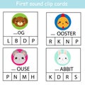 Beginning sound clip cards for kids. Find First sound for animals. Educational activity for children