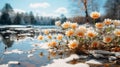 The beginning of Spring. New born Tulips in the nature, melting snow around spring flowers, blooming season, sun, spring colors. Royalty Free Stock Photo
