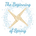 Beginning of spring pagan holiday. Imbolc. Wreath of snowflakes with Brigid Cross. Vector postcard