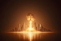 Nuclear rocket launch illuminating a futuristic city skyline at dusk Royalty Free Stock Photo