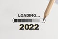 New year 2022 loading written on white paper with processing symbol and pencil Royalty Free Stock Photo