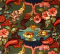 Original textile fabric ornament of the Water Lily. Crock is hand-painted with gouache. Royalty Free Stock Photo