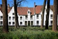 The beguinage houses in Bruges, Belgium with trees and a tall grass field in front of them with big trees. The original and Royalty Free Stock Photo