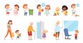 Behaving kids. Childrens with good manners helping to adult and otherness helpful respect vector characters Royalty Free Stock Photo