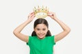 Behaving like princess is work. Kid wear golden crown symbol of princess. Girl cute child wear crown. Childhood concept