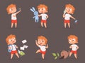 Behavior kids. Bad angry boys teasing children vector cartoon set