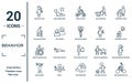 behavior linear icon set. includes thin line man with tool, old man walking, man on wheelchair, digging, riding bicylce, with