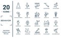 behavior linear icon set. includes thin line yoga position, stick man with umbrella, brushing teeth, man welding, man throwing