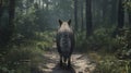 Rear view of dire wolf walking forest path, tail low and posture relaxed, soft motion in natural woodland light Royalty Free Stock Photo